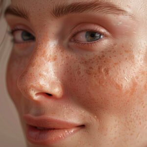 Close-up of white woman's face, slightly grinning, showing vibrant, healthy skin