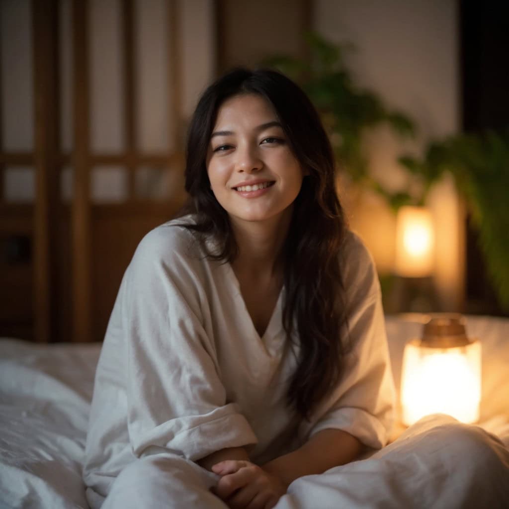 Young woman with long black hair wearing pajamas in serene bedroom, smiling.