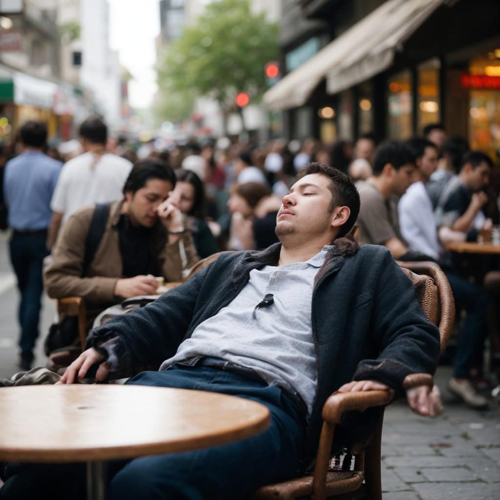 Young man sleeping in cafe chair in the middle of a crowded downtown area during the day.