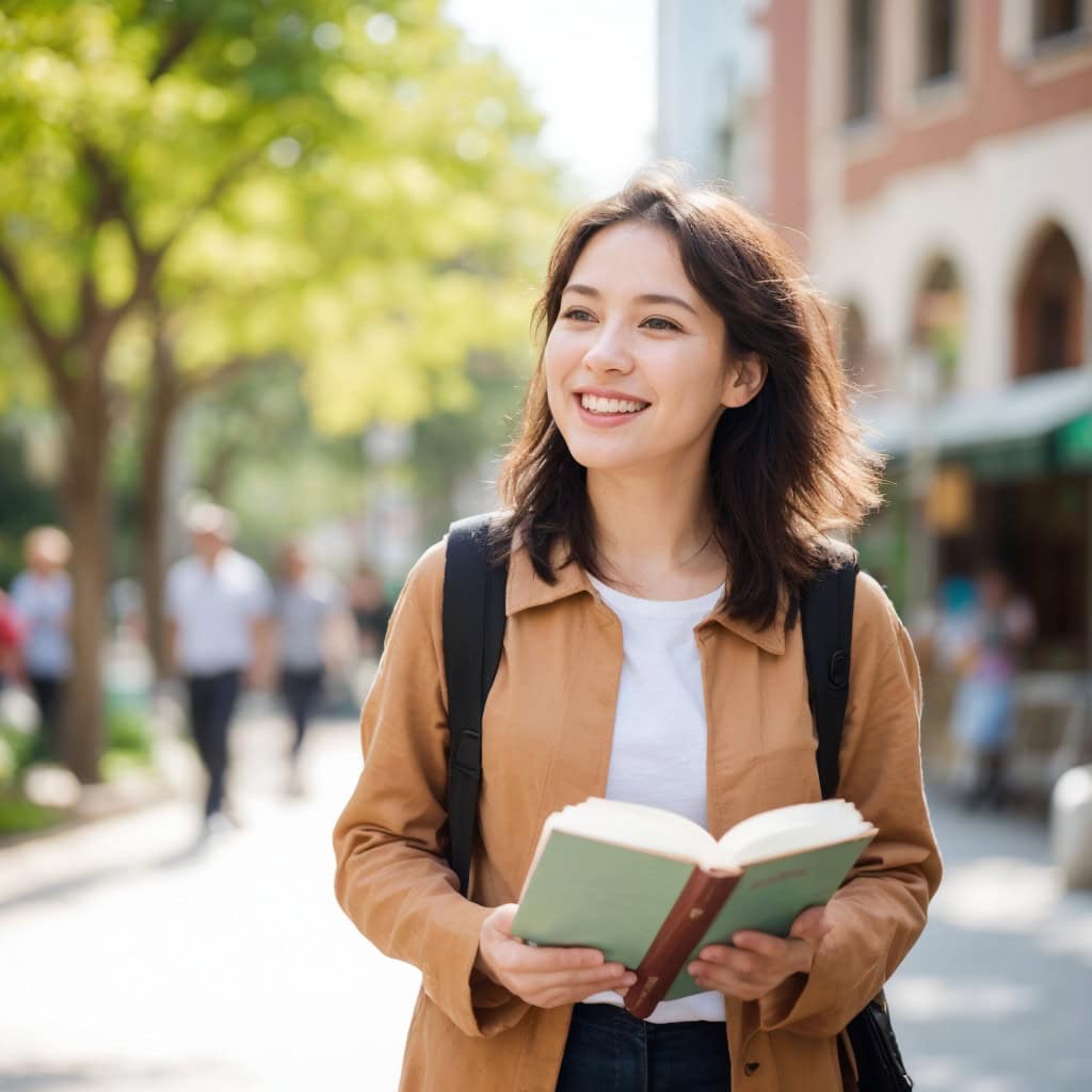 Young person smiling energetically while walking downtown with a book