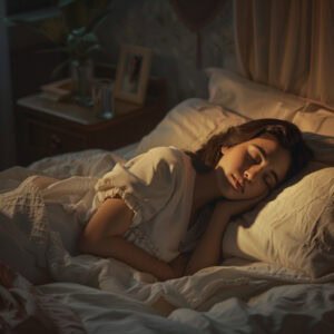 White woman with brown hair sleeping peacefully in a clean bed