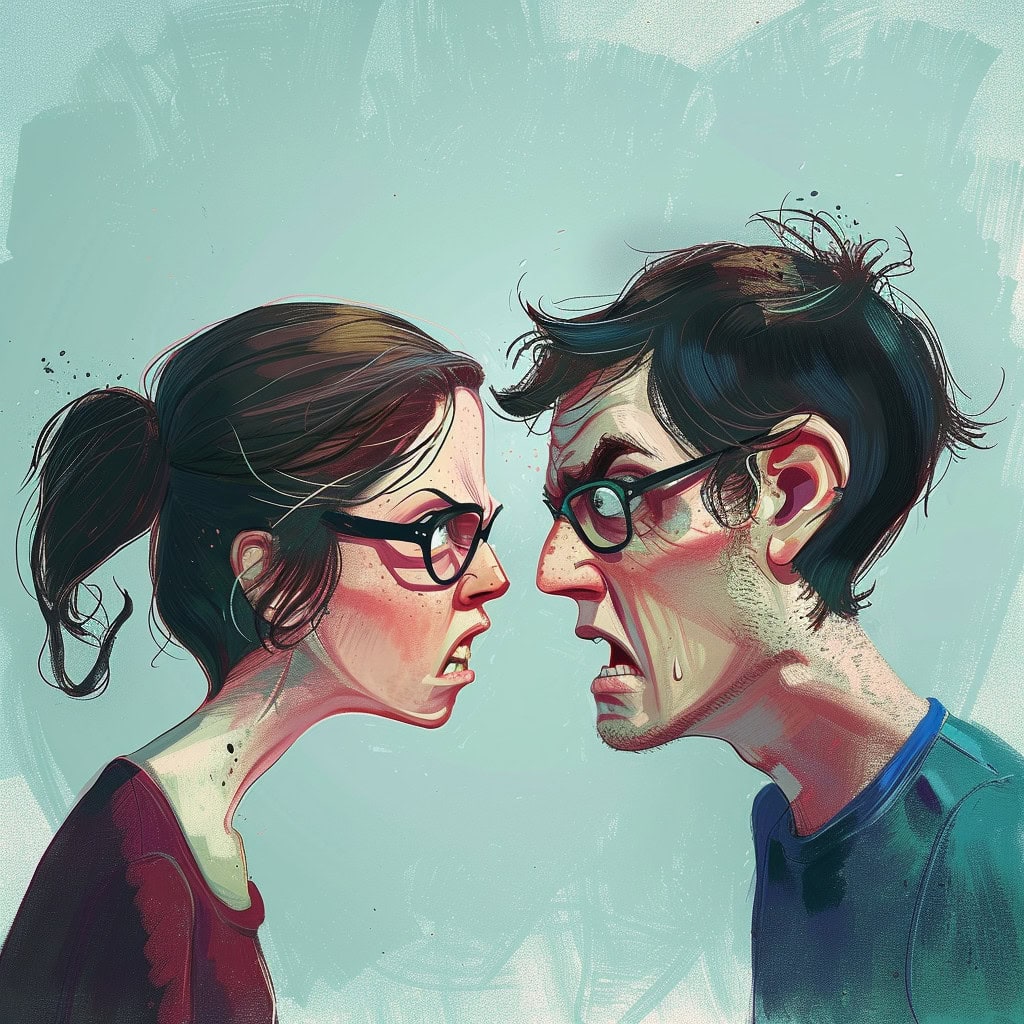 Cartoonish painting of woman and man face-to-face frustrated with each other