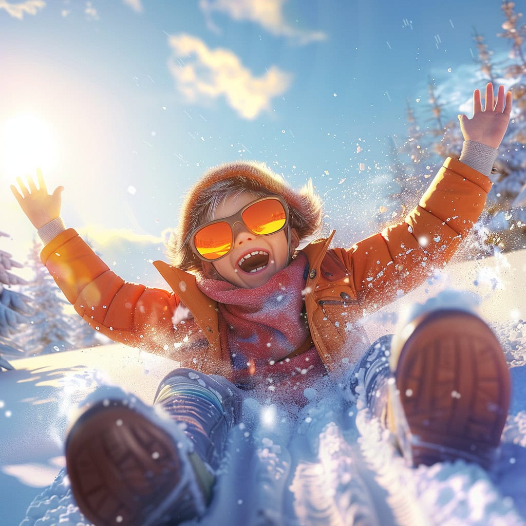 Child playing in snow on a bright sunny day