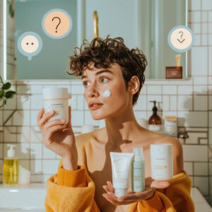 Person in bathroom holding numerous products while trying to decide which is best