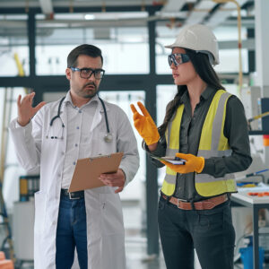 Doctor and construction worker trying unsuccessfully to communicate