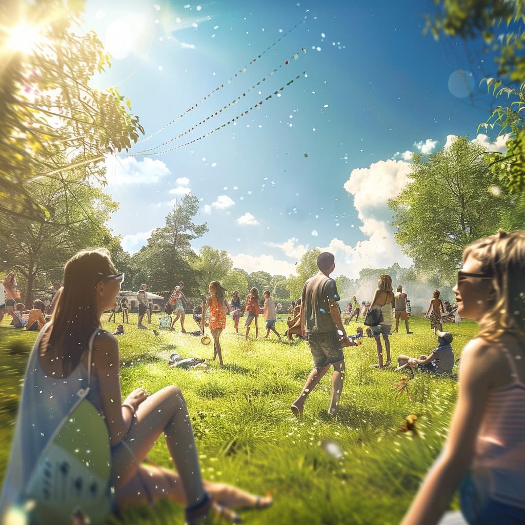 Green fields filled with happy people enjoying a sunny day under blue skies