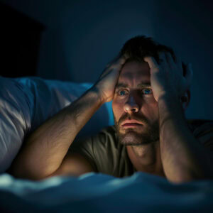 Man lying in bed eyes wide open unable to sleep