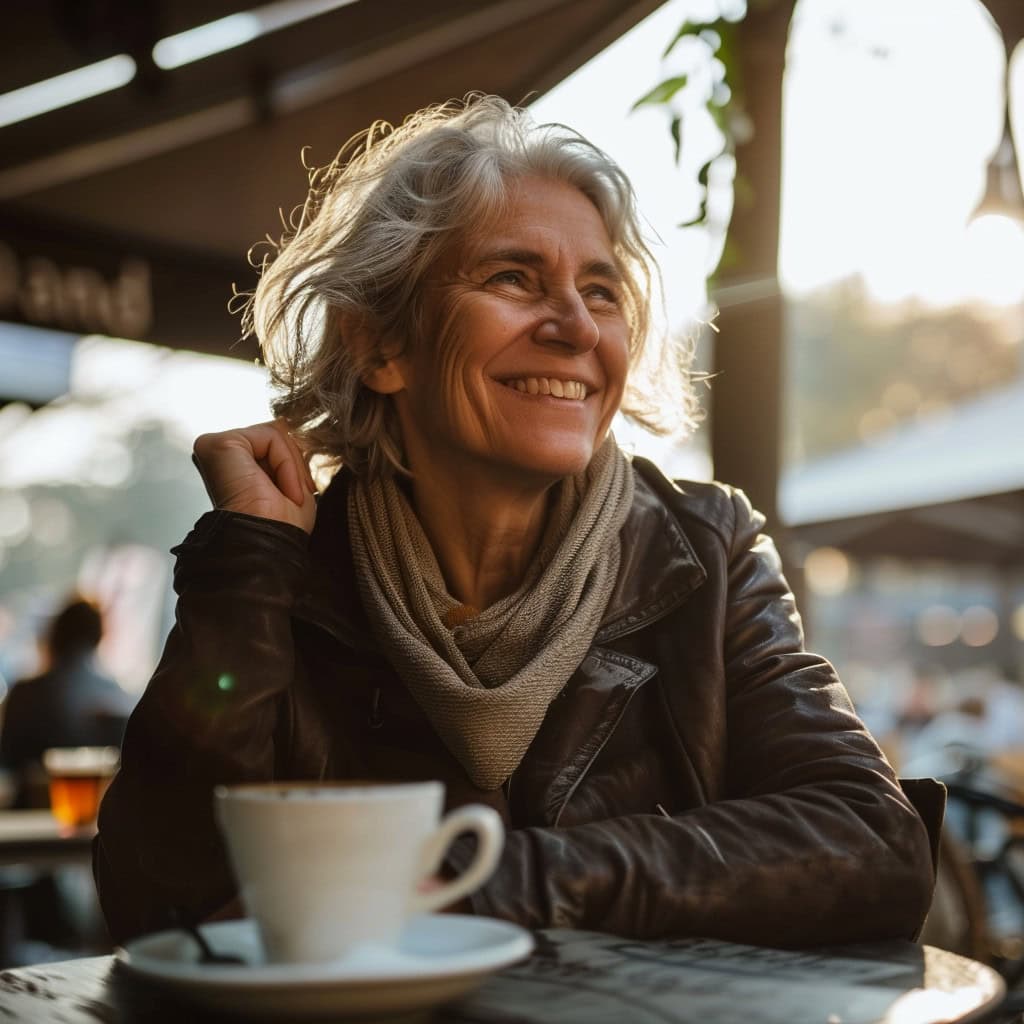 Older woman smiling sitting outside at a coffee shop