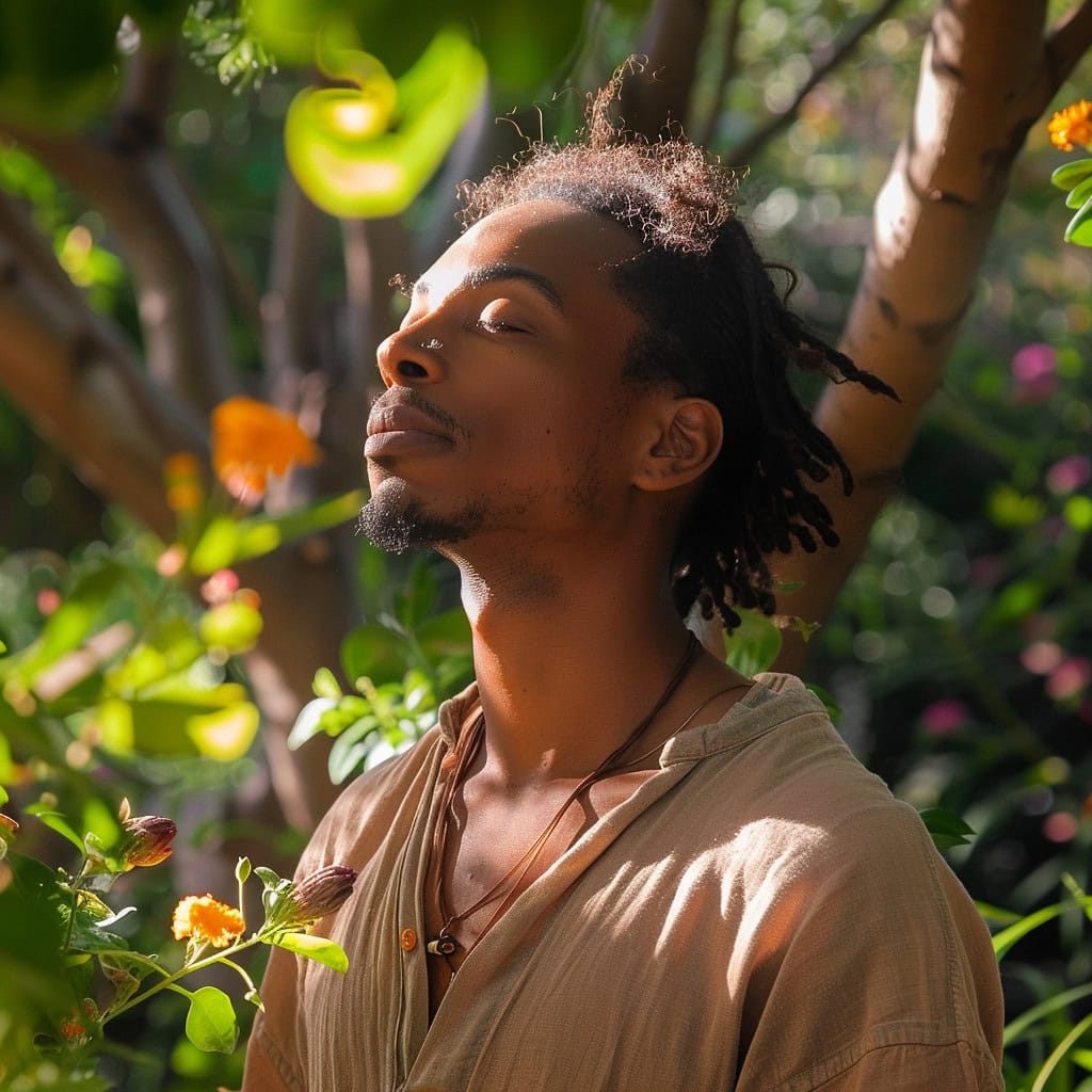 Peaceful man meditating in nature