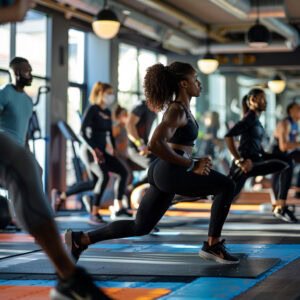 People doing lunges together in a gym