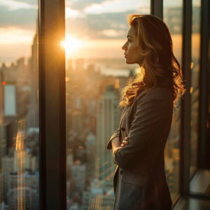 Woman standing inside building looking out large window exposed to sunshine