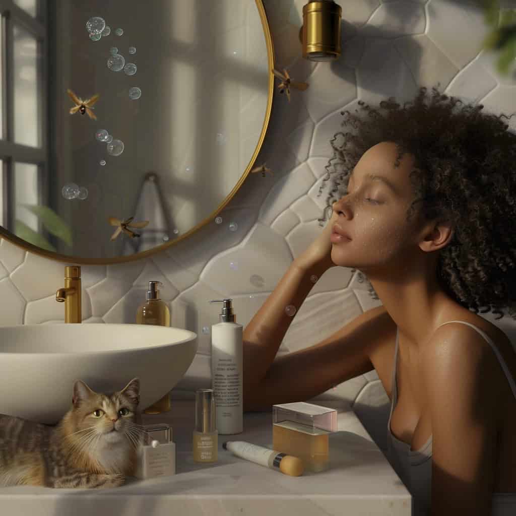 Woman with beautiful skin relaxing after skincare routine with cat