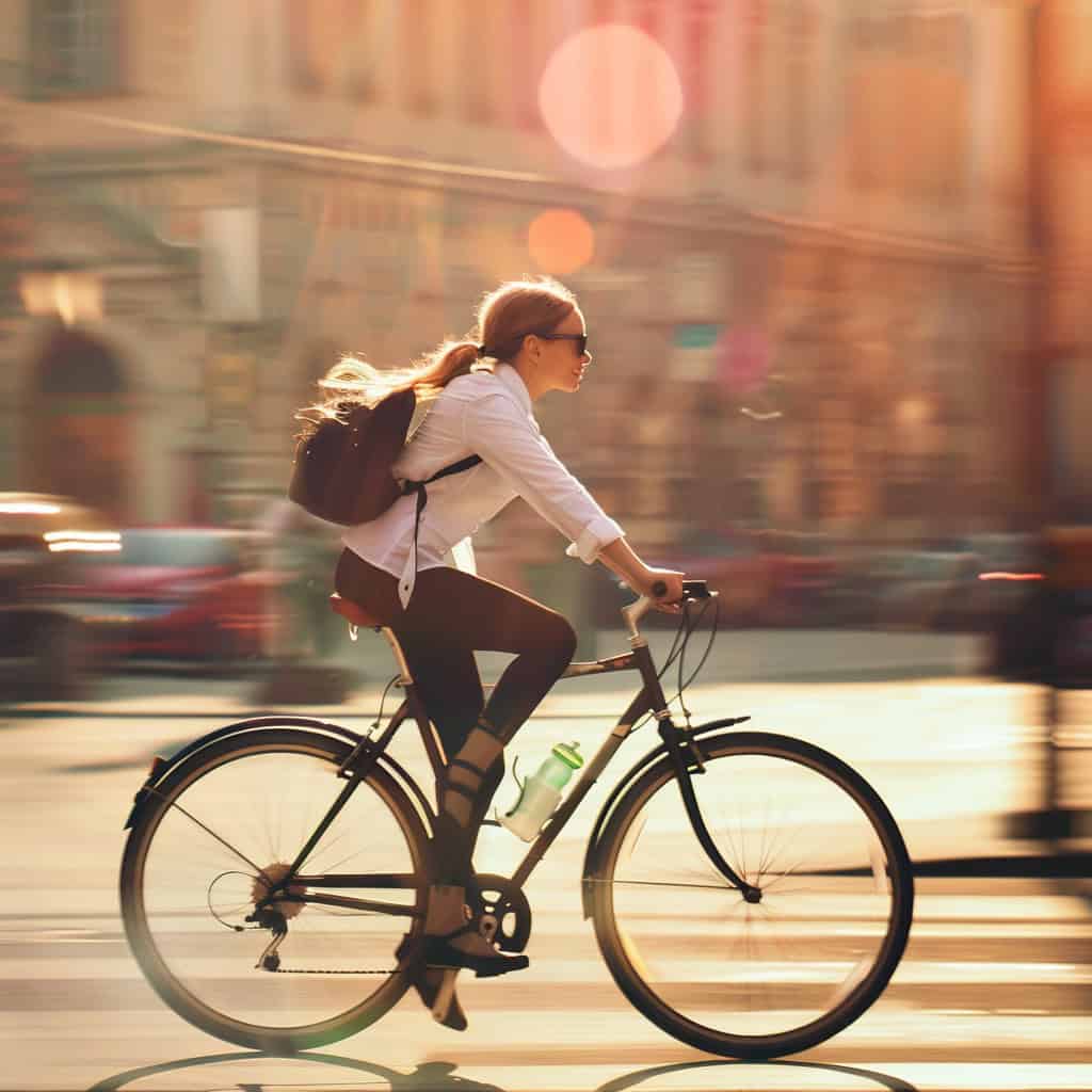 Woman riding bicycle to work