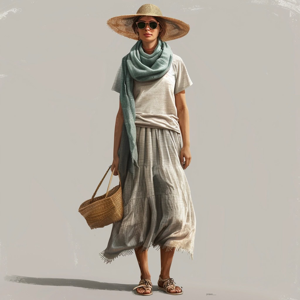 Woman wearing wide-brimmed hat, sunglasses, loose scarf, loose cotton t-shirt, linen skirt, and sandals