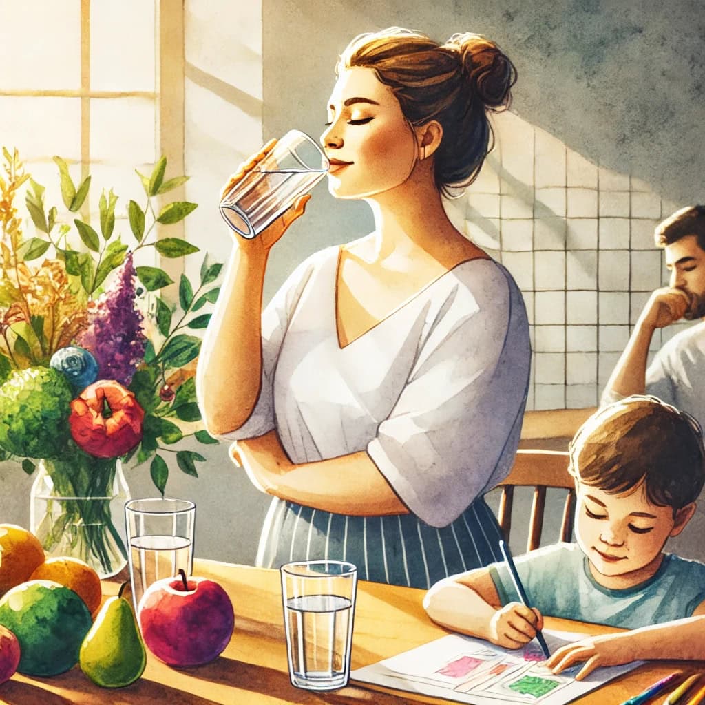 Woman with healthy-looking skin drinking water near healthy food and amidst a child drawing and a man thinking.