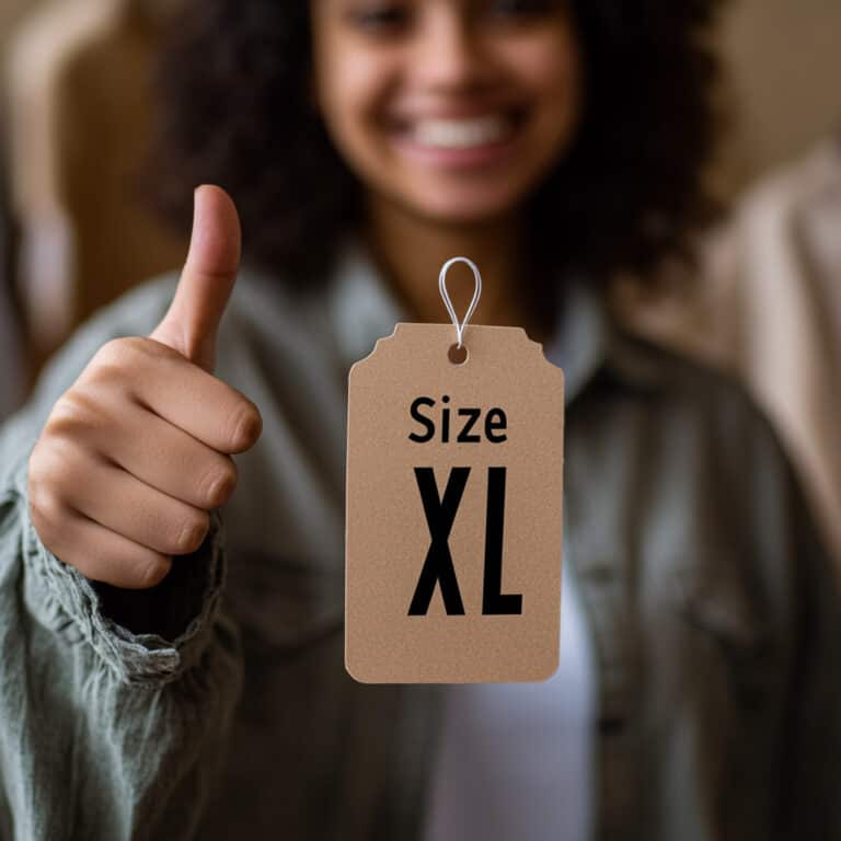 Content woman smiling and giving thumbs up gesture behind a size XL slothing label