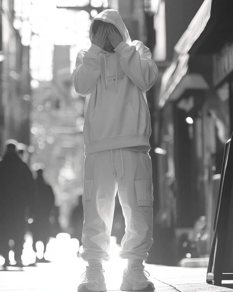 Frustrated person wearing oversized pants covering face with hands while standing in the street