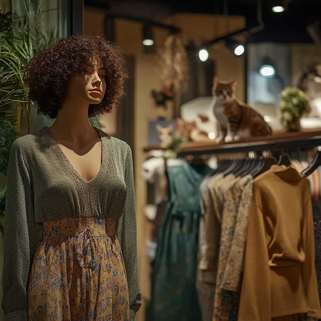 Mannequin wearing well-fitting clothing in warm colors inside a boutique clothing store