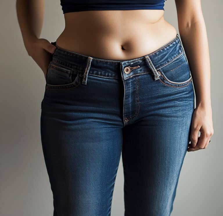 Midsection with slight muffin top above jeans that are too tight for the body