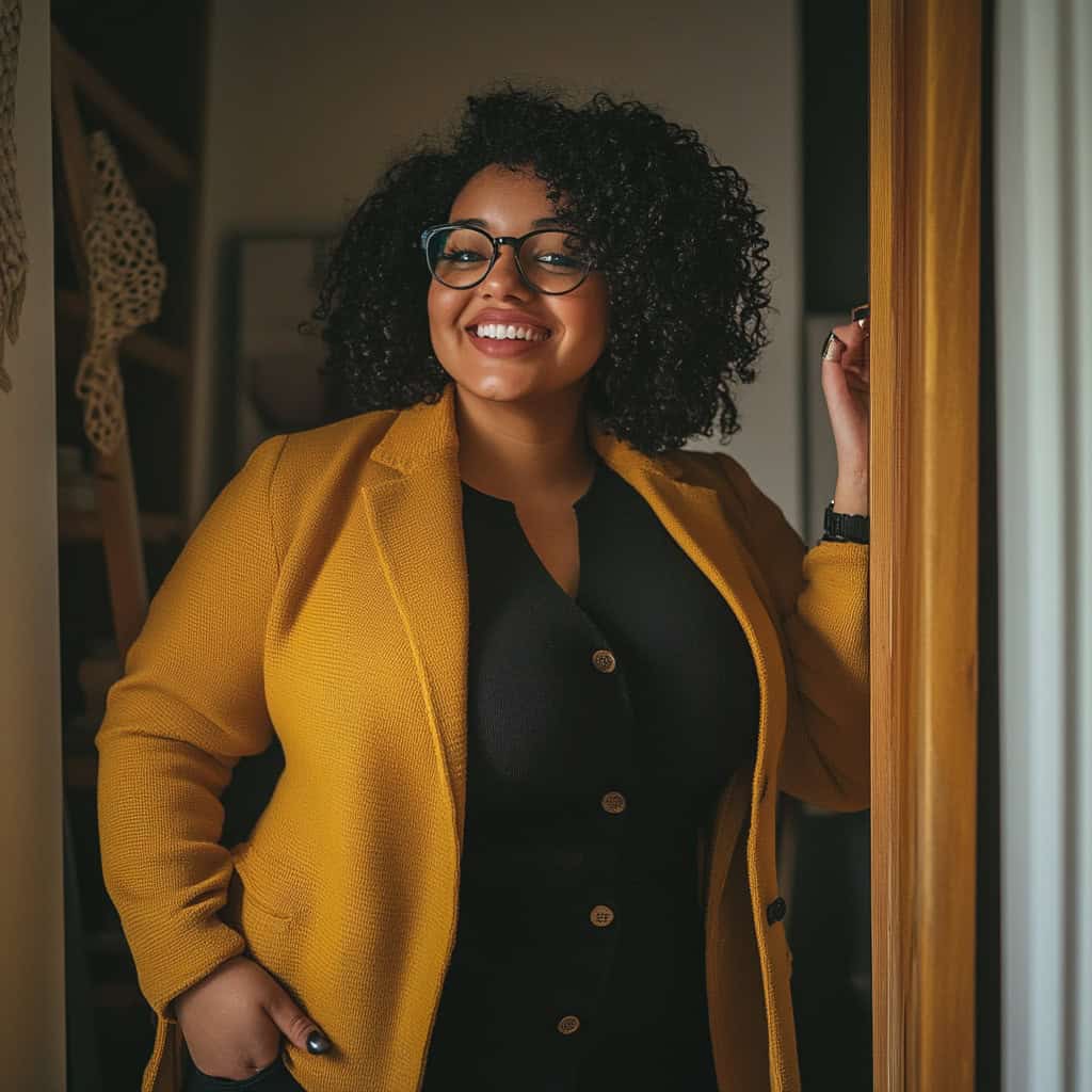 Smiling full-figured woman black dress yellow jacket eyeglasses