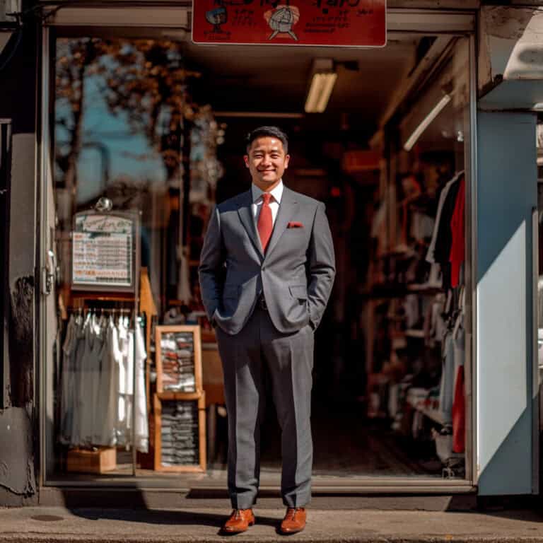 Smiling well-dressed tailor standing outside the front of his shop