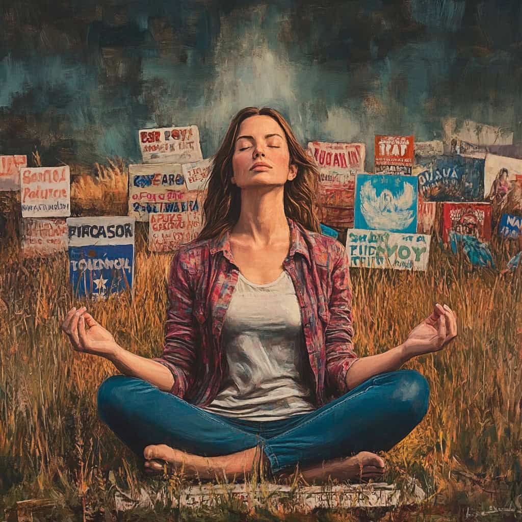 Woman meditating peacefully amidst numerous election signs