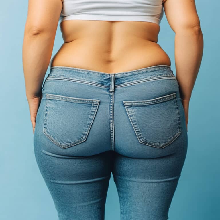 Woman wearing uncomfortably tight jeans with a muffin top