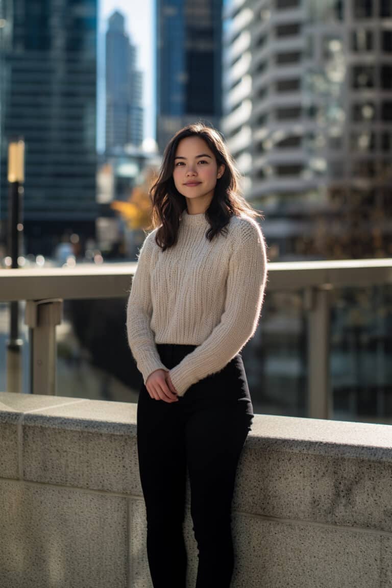 Woman wearing properly fitted sweater and pants showing her general body shape without fitting too tightly