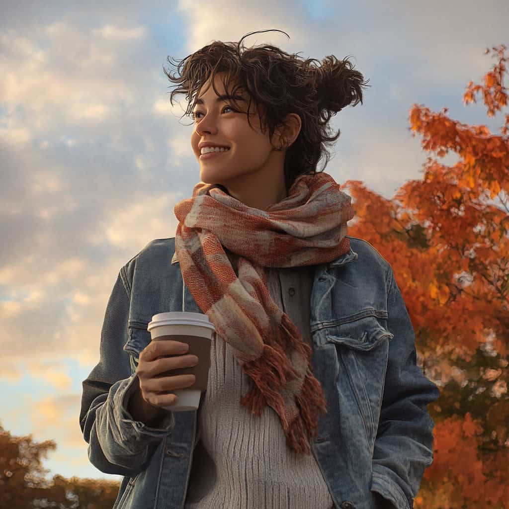 Smiling woman wearing jean jacket with scarf for autumn weather