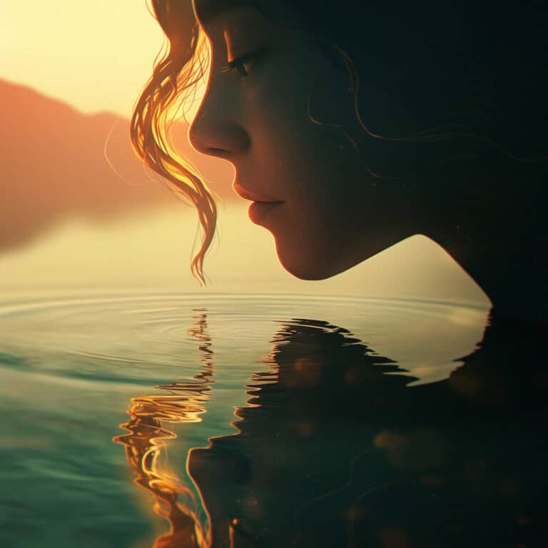 Closeup of woman near rippled water surface viewing distorted reflection