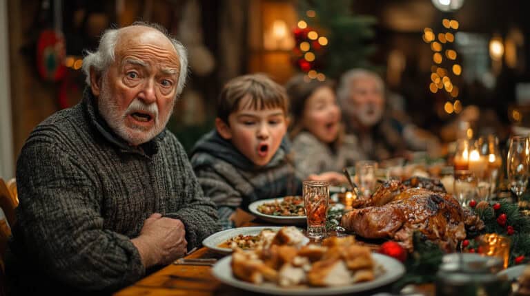 Confused grandfather sitting next to yelling grandson at holiday table