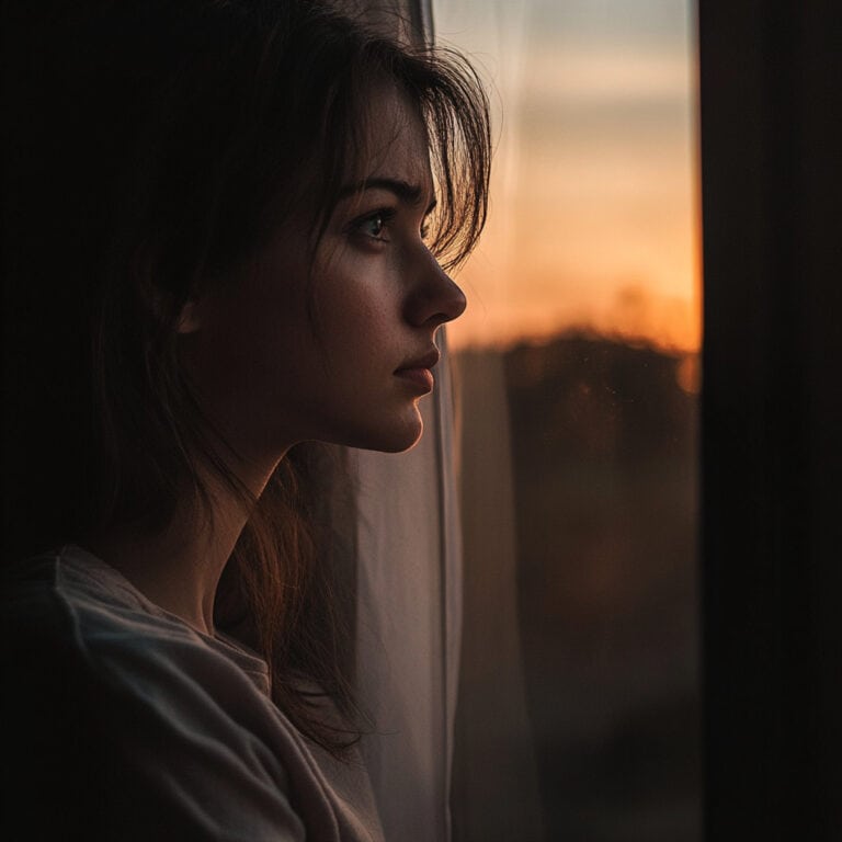 Contemplative woman gazing out window at sunset