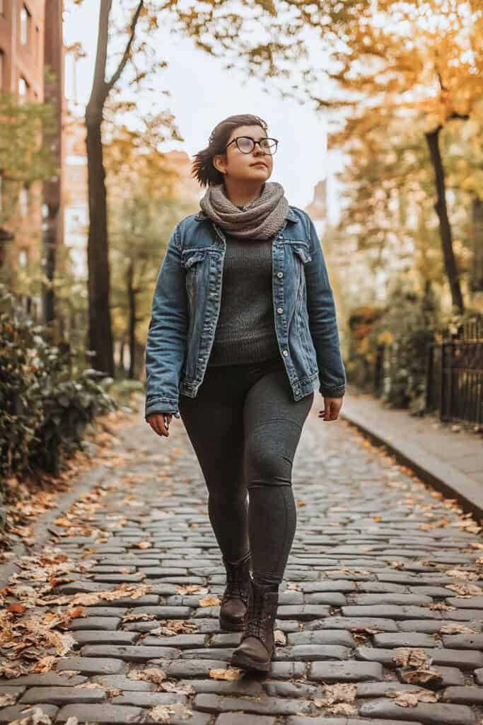 Woman wearing loose neck scarf, gray cotton shirt, blue jean jacket unbuttoned, fleece tights, and short boots walking down a lane in autumn.