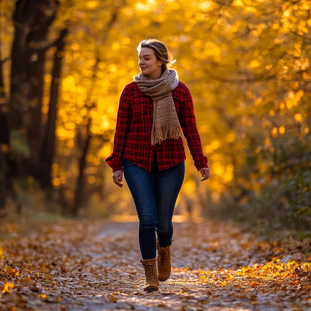 Woman wearing red flannel shirt, neutral scarf, blue jeans, and tan boots, smiling while walking down a trail strewn with yellowing leaves.