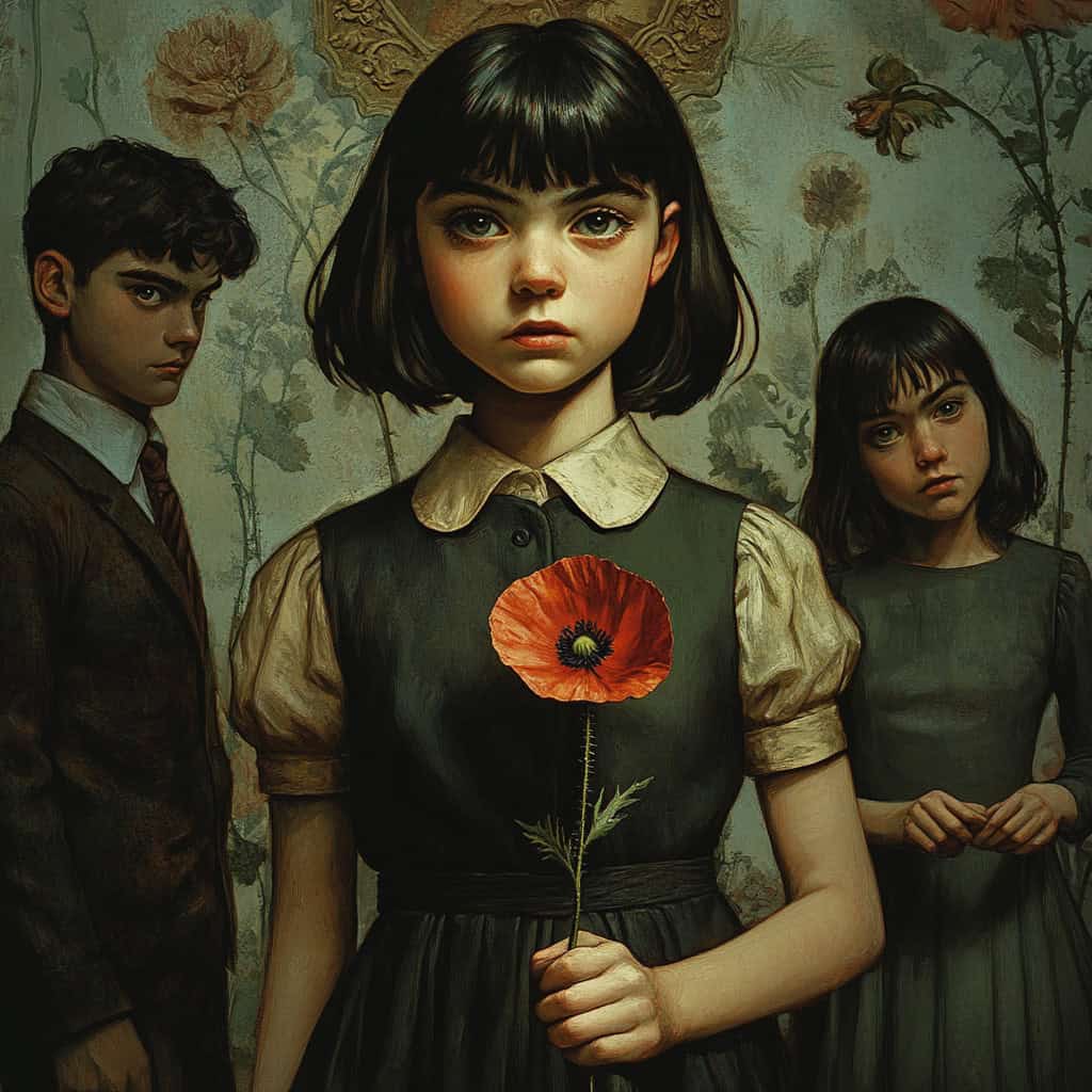 Girl in school uniform holding poppy nervous 2 menacing kids behind