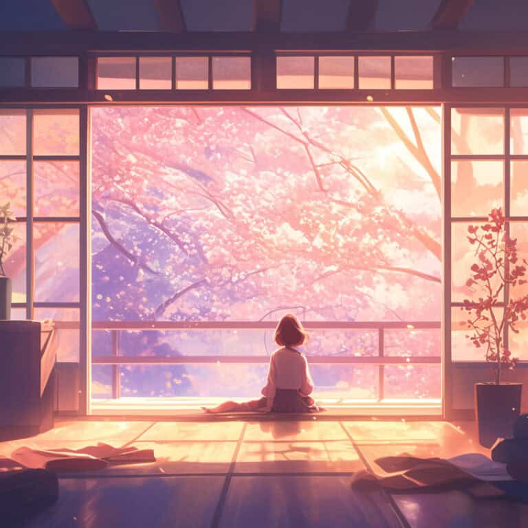 Girl mindfully sitting viewing beautiful cherry blossoms of the day