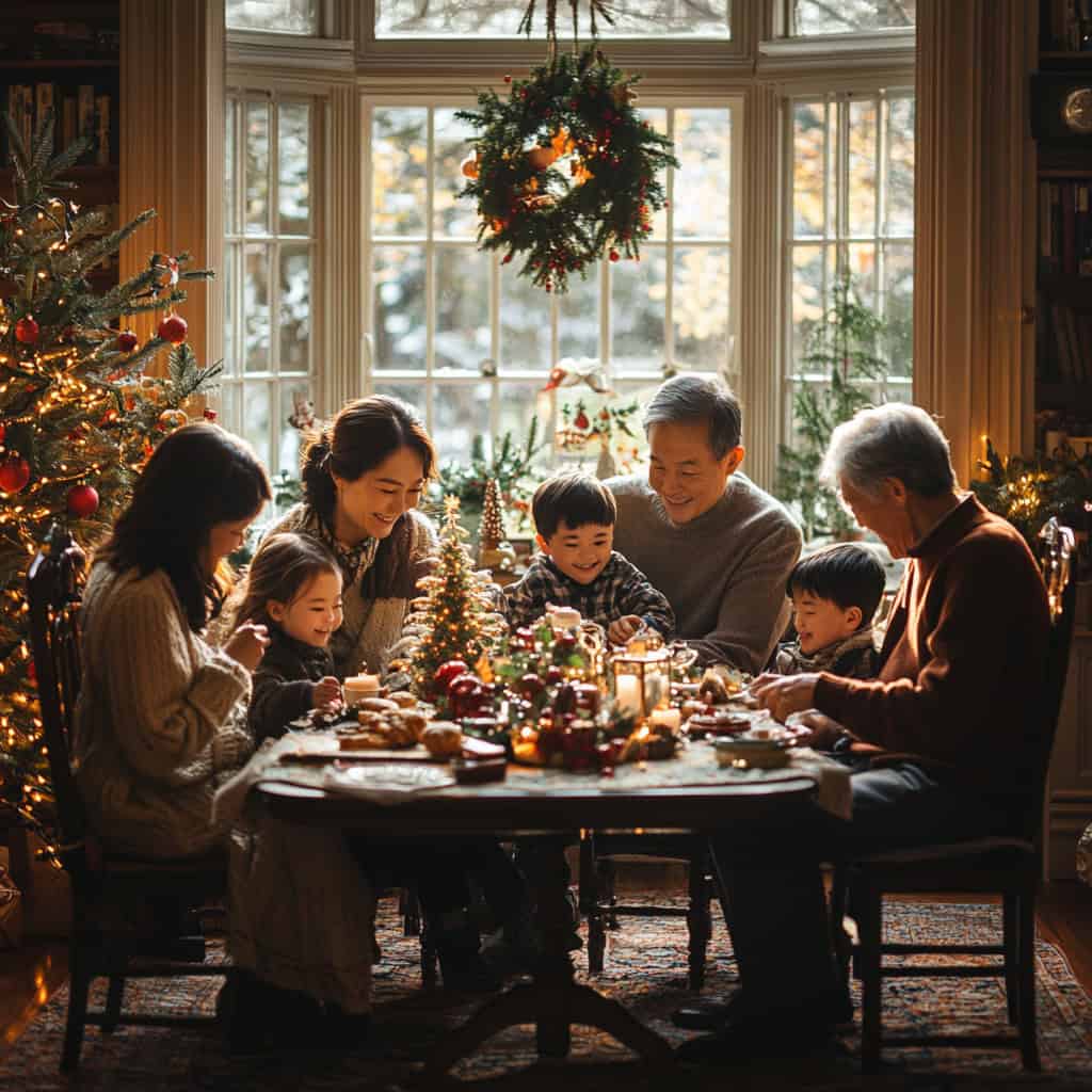 Grandparents, parents, and children smiling around holiday table together