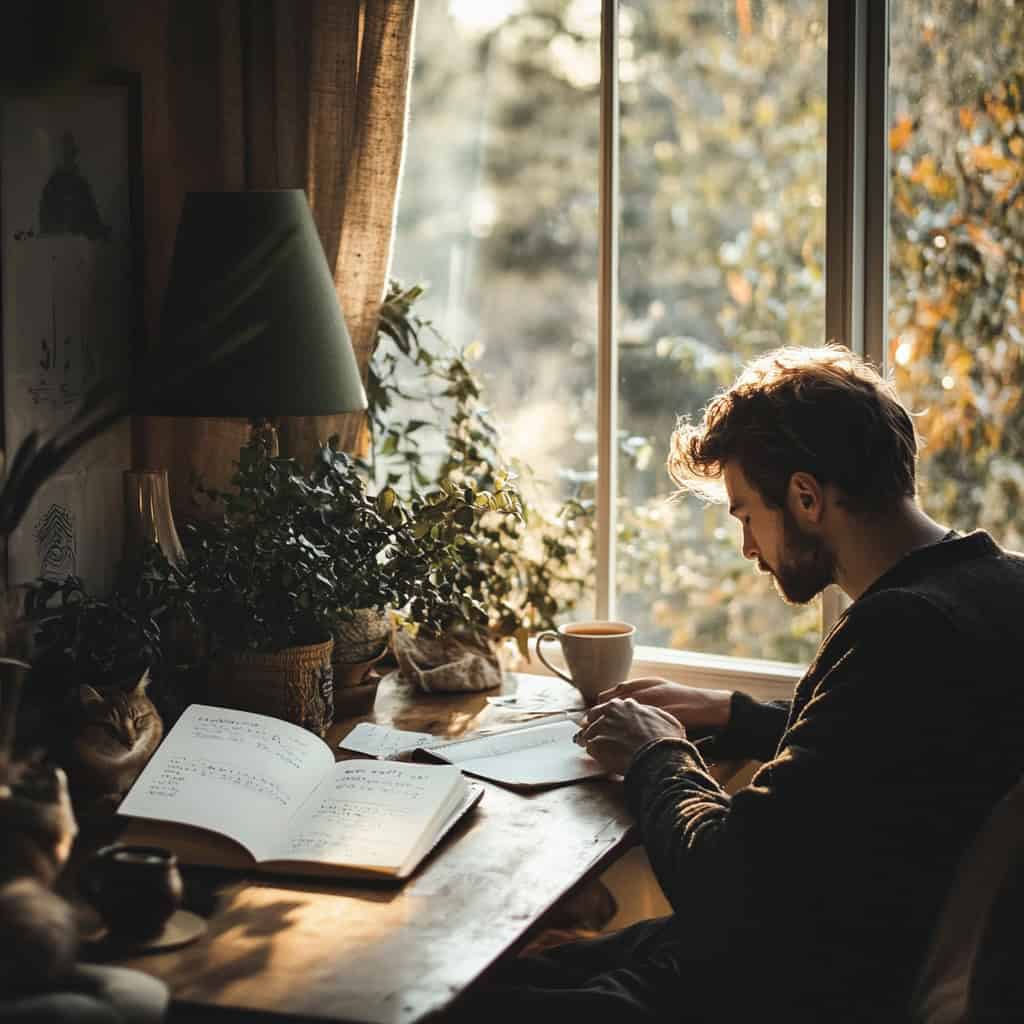 Man writing in journal while sitting at comfortable desk amidst cat, plants, and soft window light