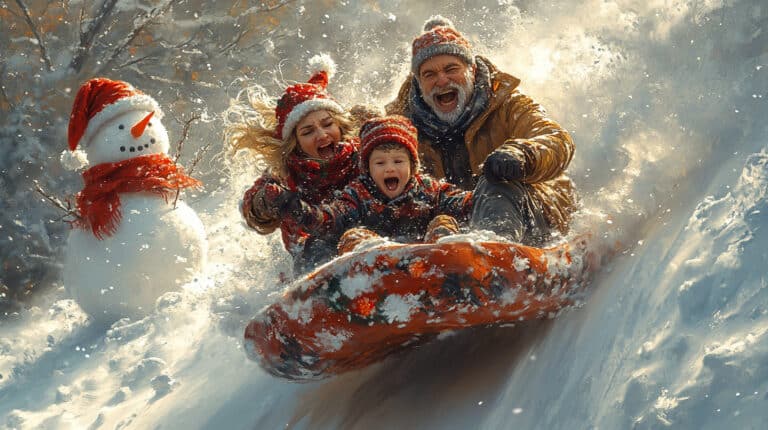 Mother, child, and grandfather sledding tradition at holidays