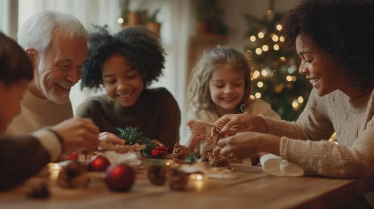 Multi-racial multi-generational family holiday crafting tradition at the table