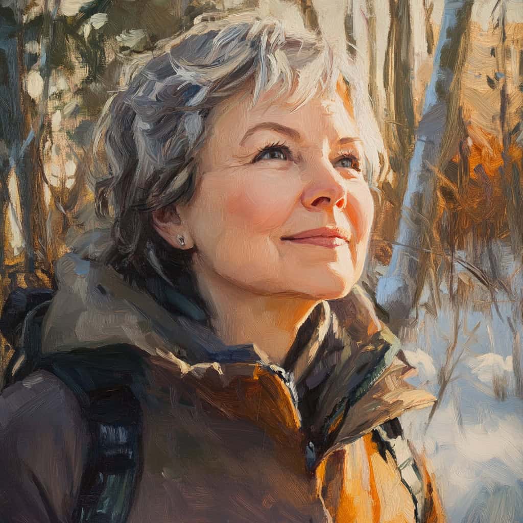 Oil painting of woman dressed in warm jacket and scarf looking hopeful outside in winter forest