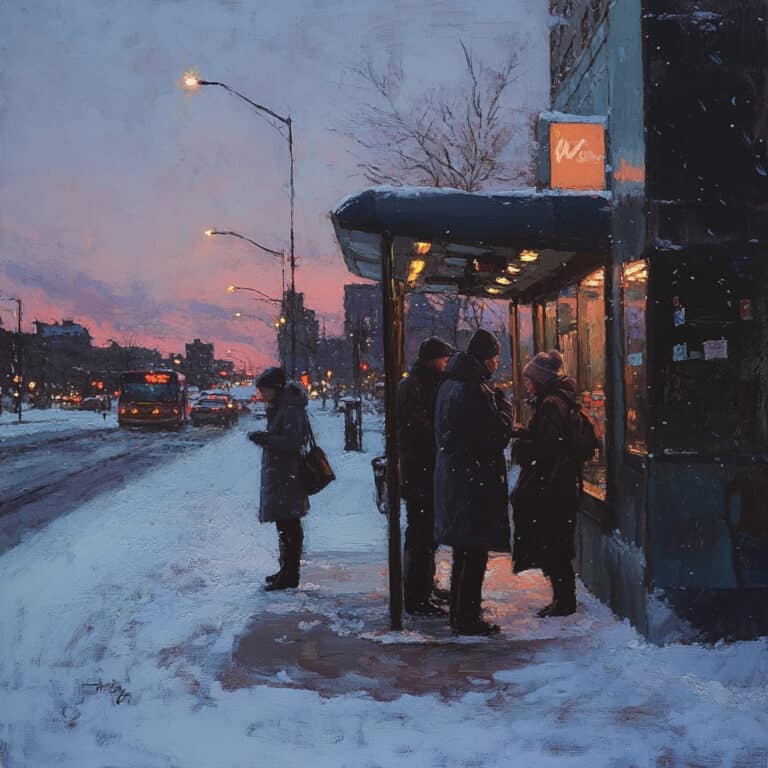 People standing around bus stop on a dark winter morning