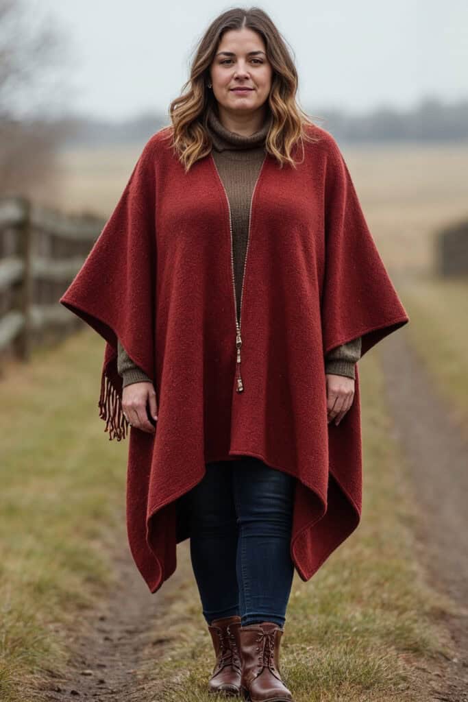 Woman wearing maroon poncho, jeans, and boots standing with neutral look on a country lane in the fall