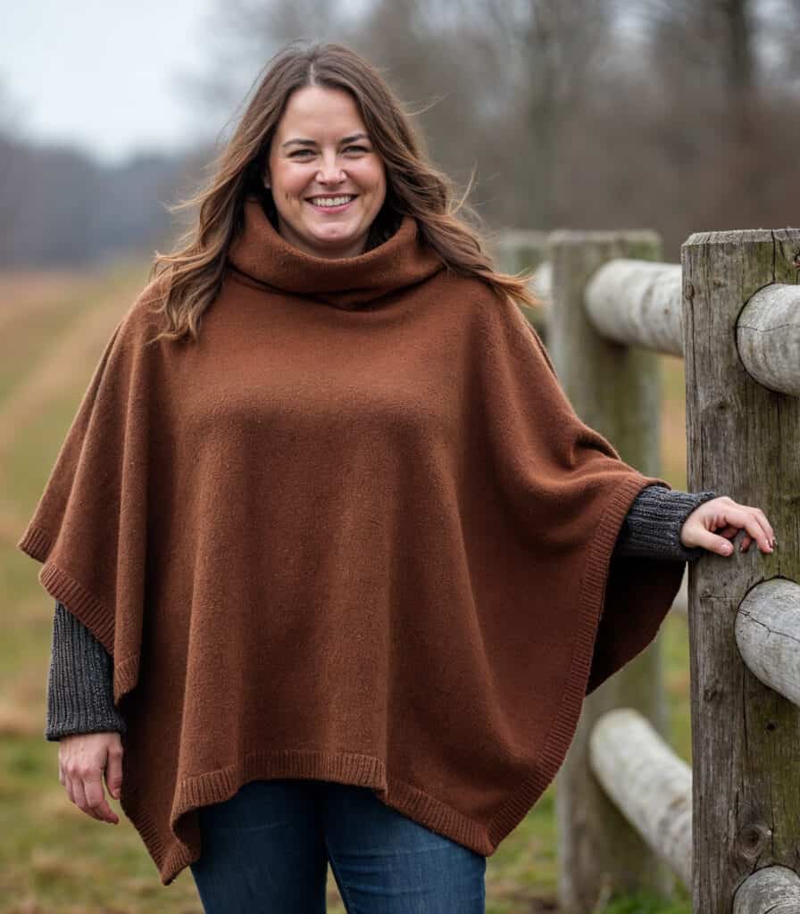 Woman wearing brown poncho and blue jeans leaning on a post fence in the countryside.