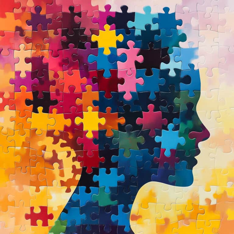 Head and shoulders side view silhouette of a person made up of differently-colored puzzle pieces