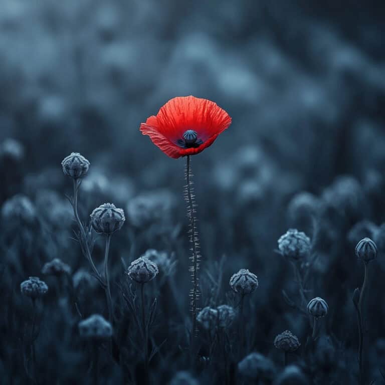 Tall red poppy stands above shorter immature flowers