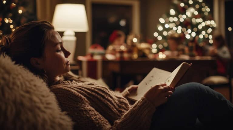 Woman peacefully reading as family raises holiday chaos in the background