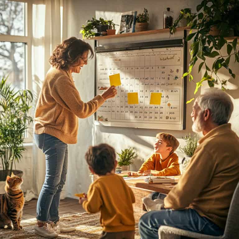 Woman planning holiday calendar with children and grandparents