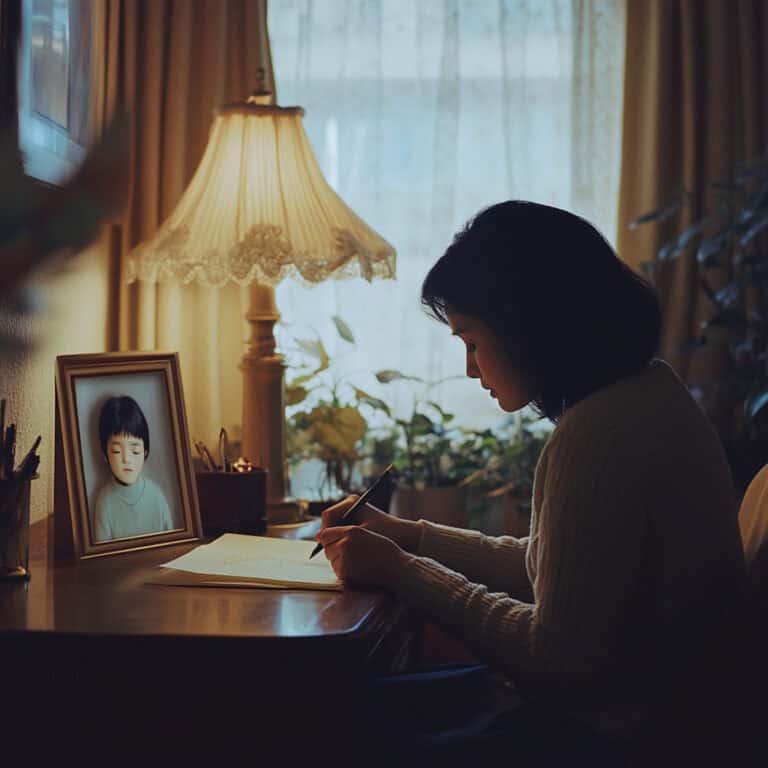 Woman writing letter to her younger self who is in a photograph on the desk