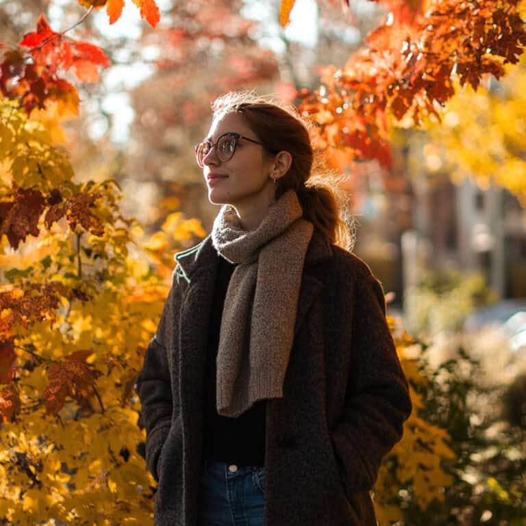 Woman wearing glasses, wool coat, cozy scarf, and dark jeans, standing amongst fall foliage.